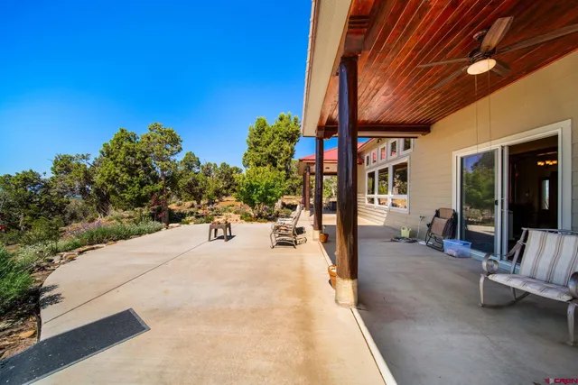 a view of a patio with dining table and chairs with plants