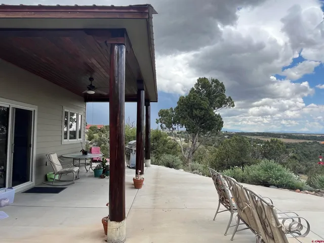a view of a patio with table and chairs and potted plants
