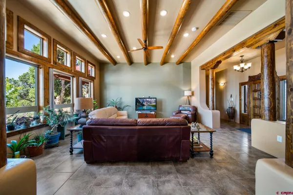 a living room with furniture and a potted plant