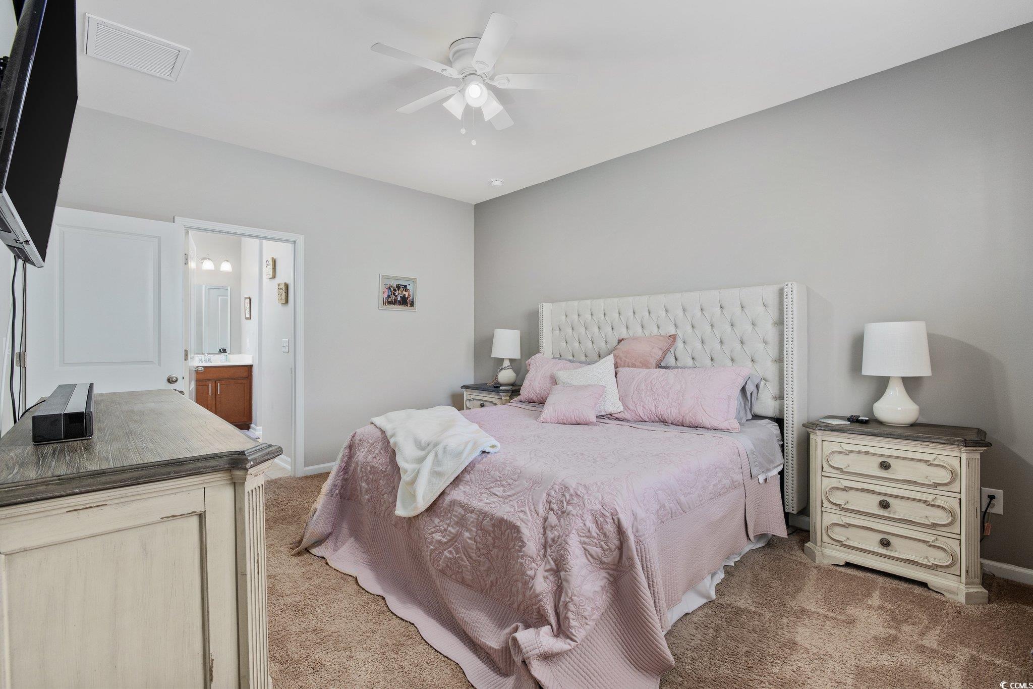 6009 Ranch View Drive Myrtle Beach, SC 29588 - Photo 17 of 40 Bedroom with light carpet, visible vents, ensuite bathroom, and baseboards