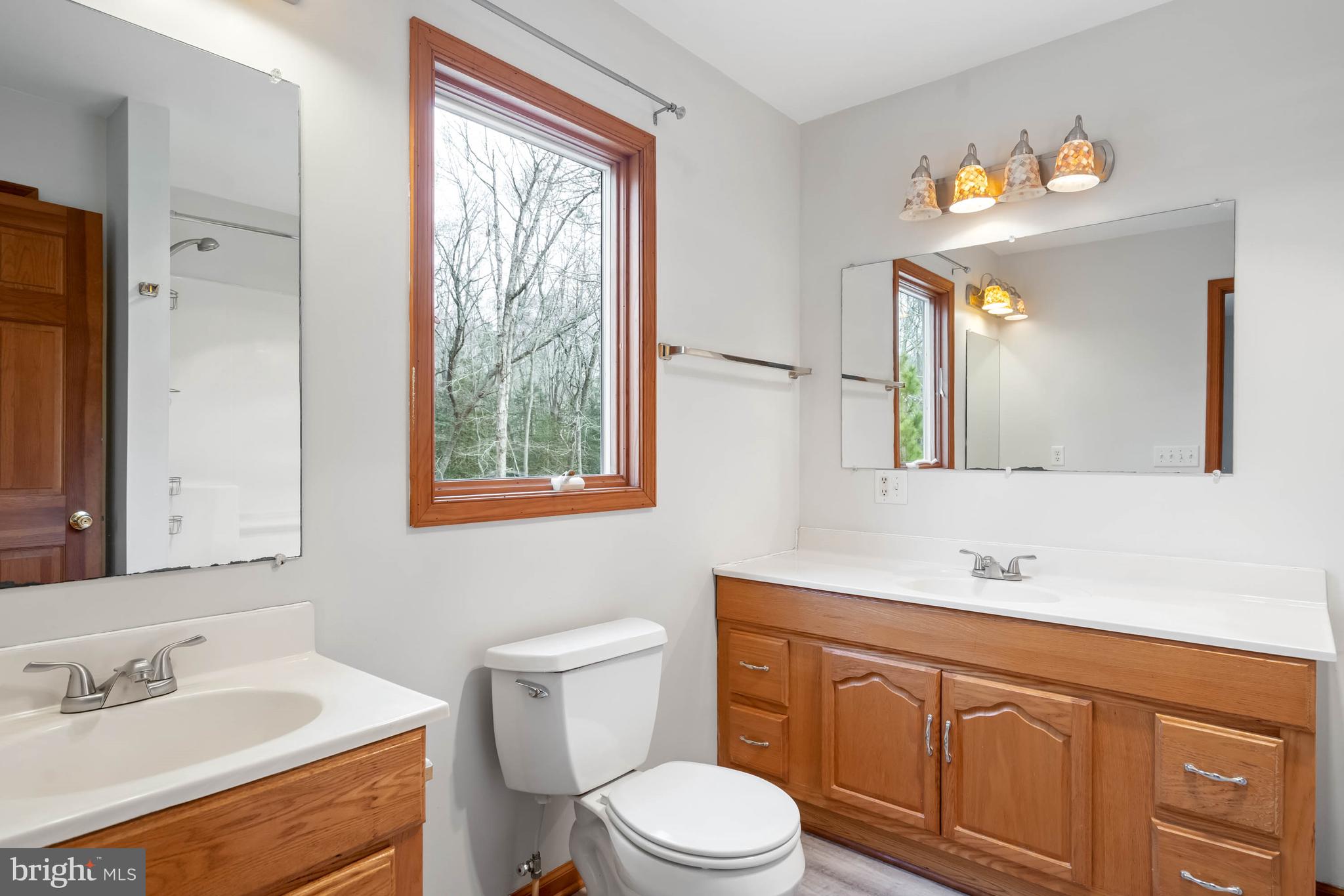 18885 Sand Hill Road Milton, DE 19968 - Photo 27 of 46 a bathroom with a toilet a sink a mirror a window and double vanity