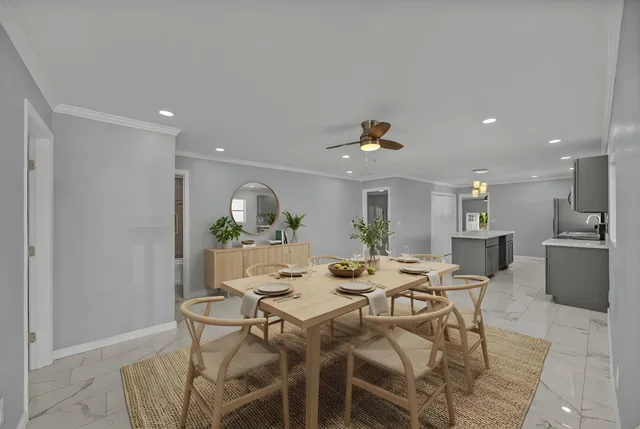 a view of a dining room with furniture