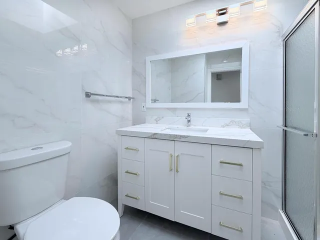a bathroom with a sink vanity and a toilet