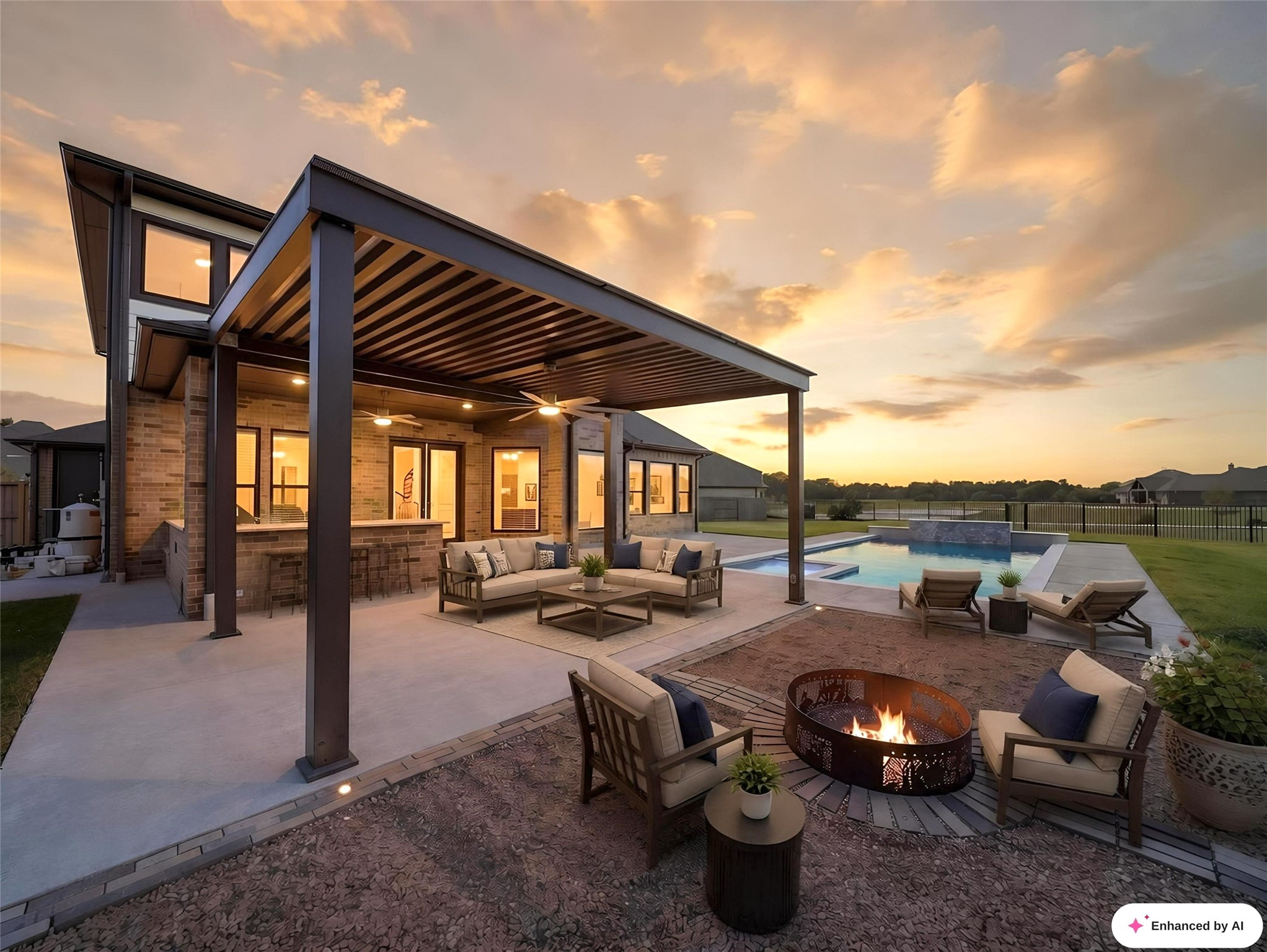 30214 Crossfield Road Fulshear, TX 77441 - Photo 36 of 42 Virtually staged: The covered patio and pergola extend the living space outdoors, creating a beautiful backdrop for evenings by the pool.
