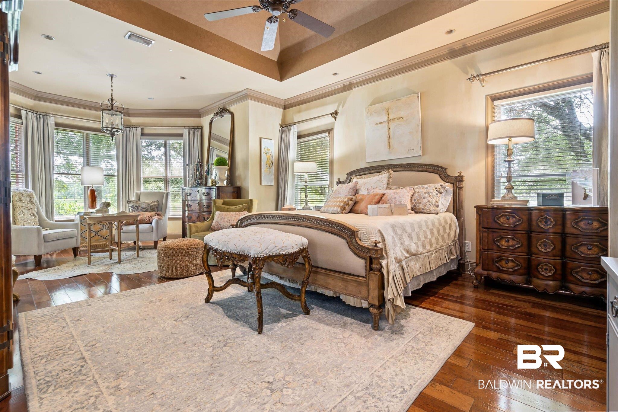 2905 Riverview Pointe Drive South Theodore, AL 36582 - Photo 13 of 44 Bedroom with ornamental molding, dark wood-type flooring, and ceiling fan