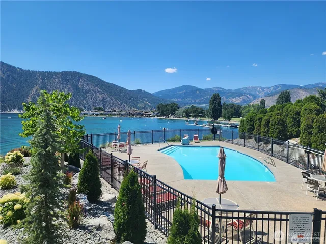 a view of a swimming pool with a patio and a garden