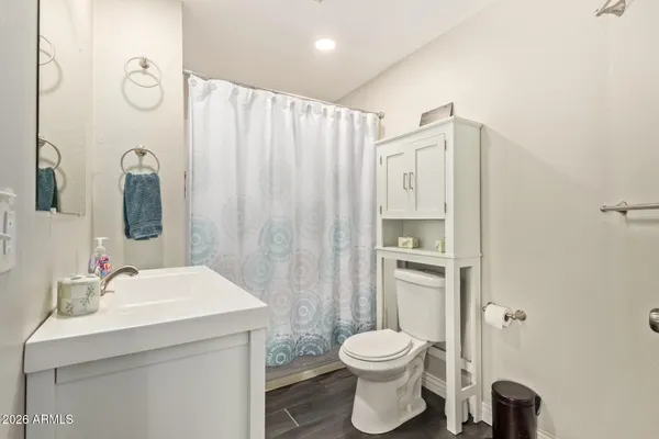a bathroom with a sink a toilet and shower