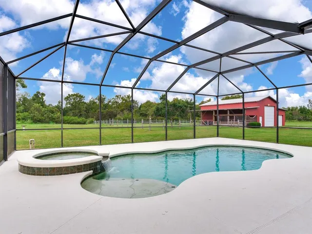 a garden view with a seating space