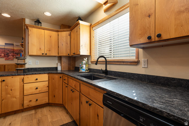1505 West Elk Ridge Drive Alton, UT 84710 - Photo 8 of 53 Kitchen with dishwasher, a textured ceiling, light wood finished floors, brown cabinets, and recessed lighting