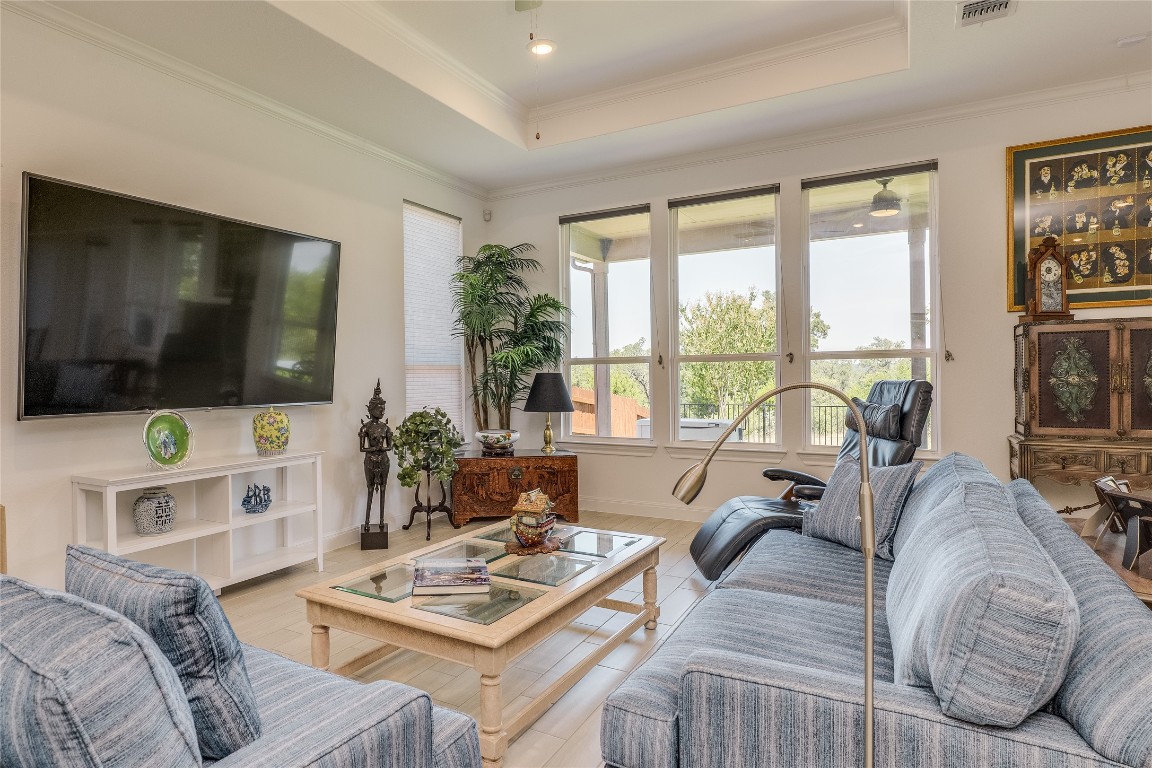 616 Climbing Rock Loop Dripping Springs, TX 78620 - Photo 9 of 35 Living room featuring a tray ceiling, crown molding, wood finished floors, and ceiling fan