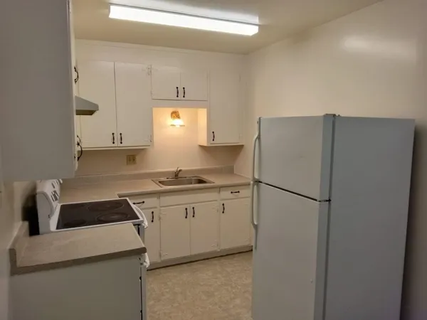 a kitchen with a refrigerator and a sink