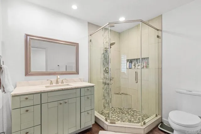 a bathroom with a sink toilet a shower a vanity and a mirror