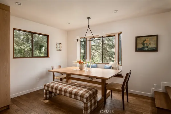 a view of a dining room with furniture window and wooden floor