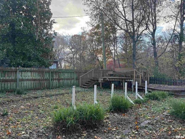 a garden view with a seating space