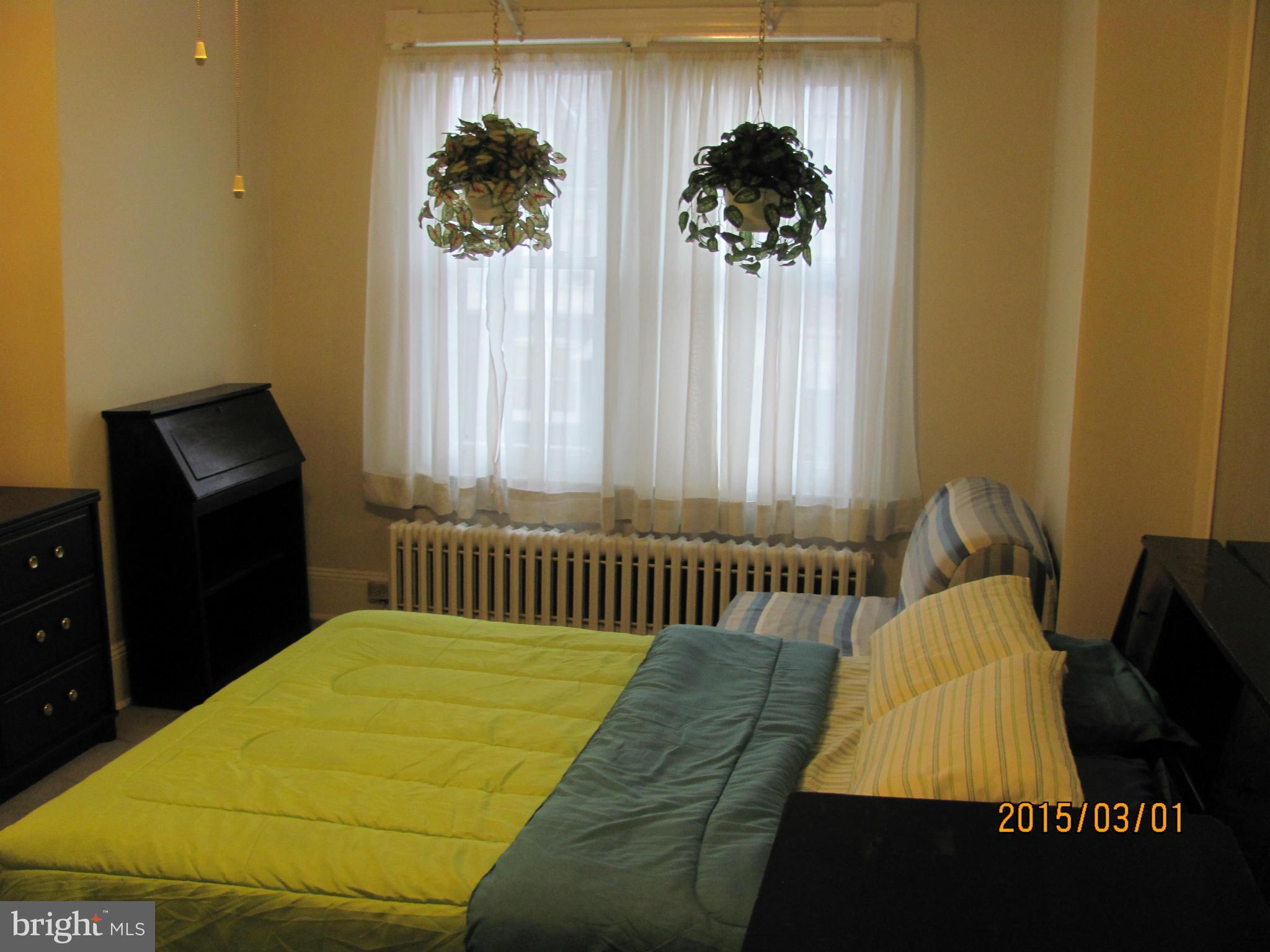 704 Quincy Street Northwest, Unit 202 Washington, DC 20011 - Photo 8 of 24 a bed sitting in a bedroom next to a window with potted plants