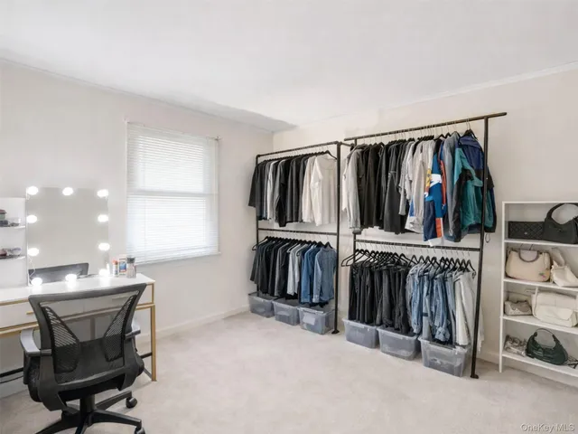 a view of walk in closet with clothes and shoes