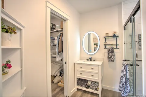 a bathroom with a sink a mirror and a shower curtain
