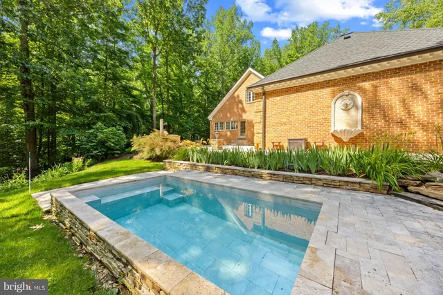 a view of a swimming pool with a yard and a large tree
