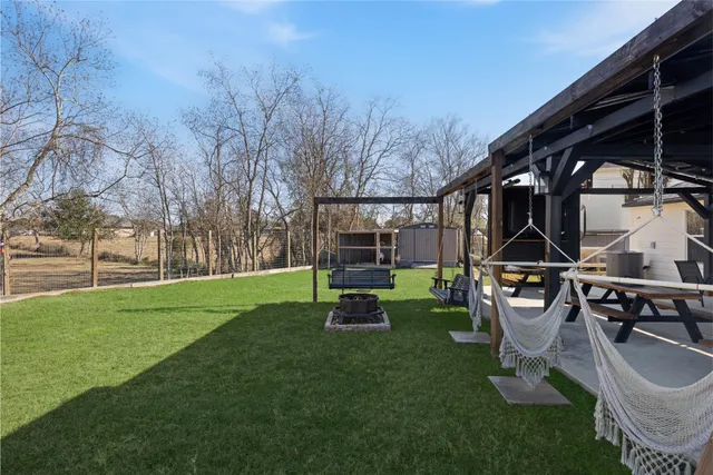 a garden view with a seating space