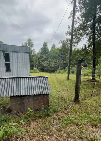 a view of a yard with large trees