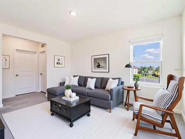 a living room with furniture and a potted plant