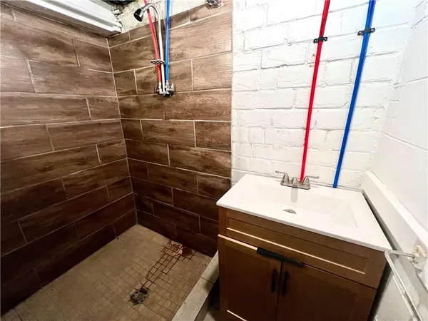 a bathroom with a sink and a shower