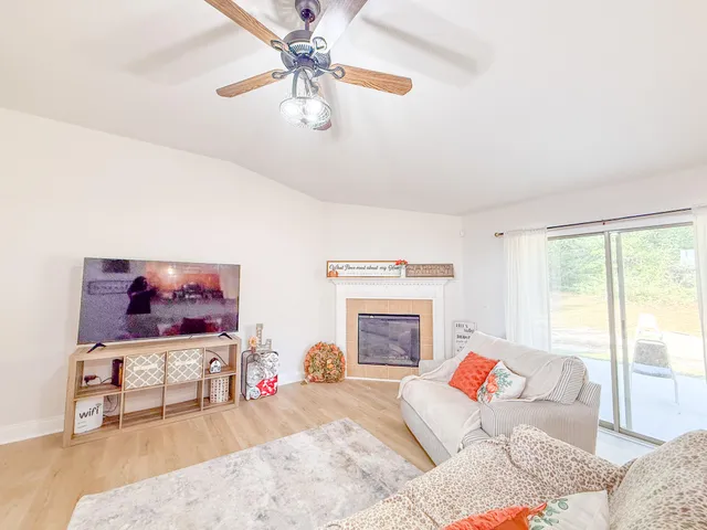 a living room with furniture and a fireplace
