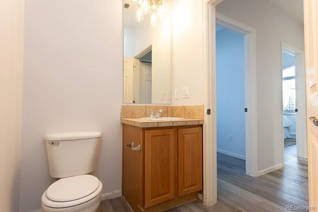 a bathroom with a toilet a sink and wooden floor