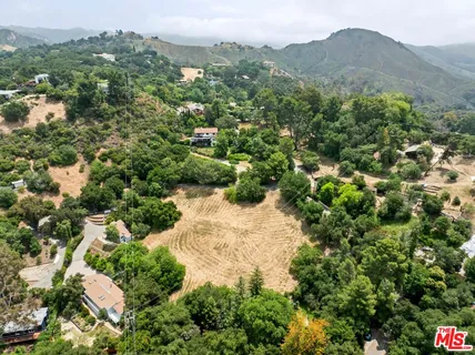 an aerial view of a forest with houses