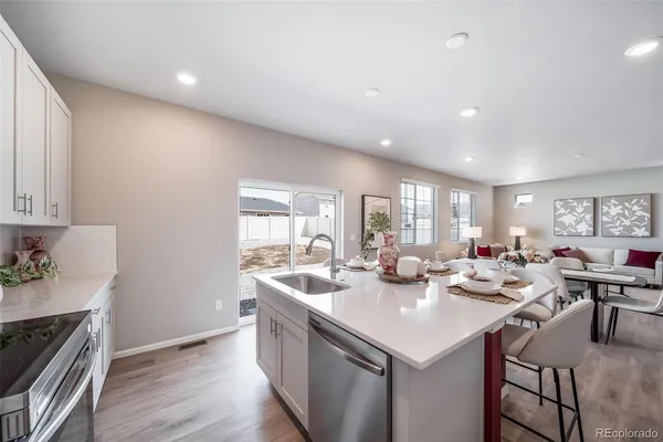 a view of a dining room with furniture