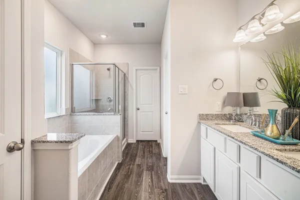 a bathroom with a bathtub and a shower