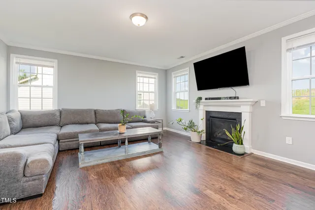 a living room with furniture a fireplace and a flat screen tv