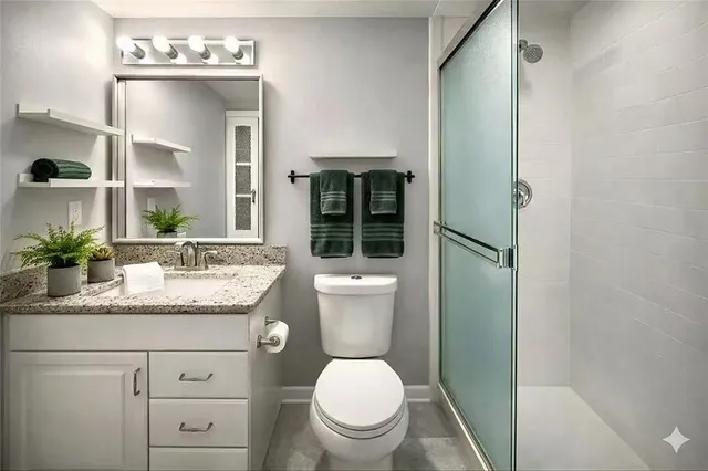 a bathroom with a granite countertop sink toilet and a mirror