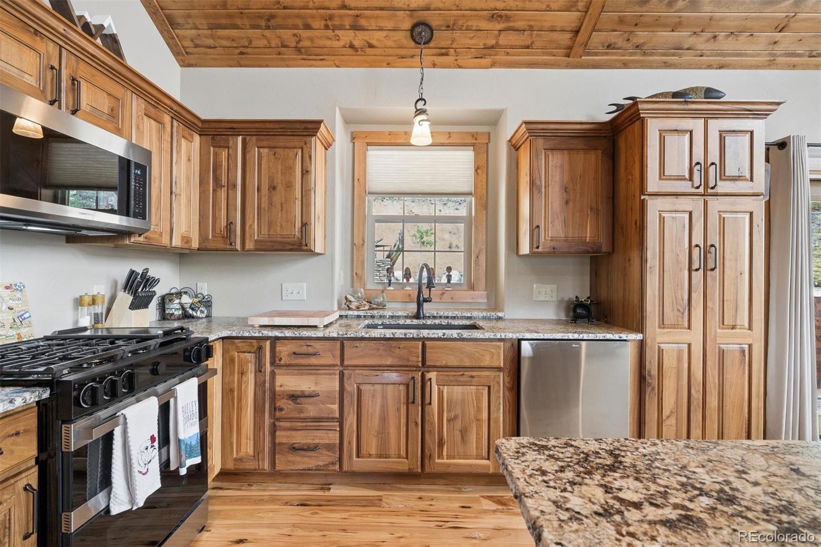 2894 County Road 43 Bailey, CO 80421 - Photo 14 of 40 a kitchen with stainless steel appliances granite countertop a stove a sink and a microwave