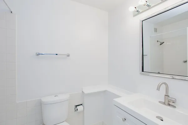 a bathroom with a sink a toilet and mirror
