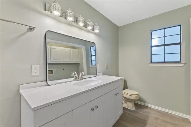 a bathroom with a sink a toilet and mirror