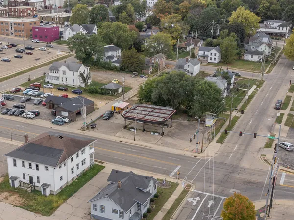 an aerial view of a house with a garden