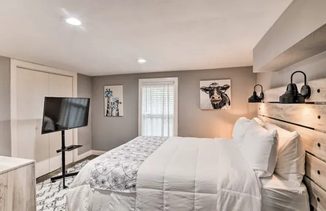 a bedroom with a bed and a flat screen tv