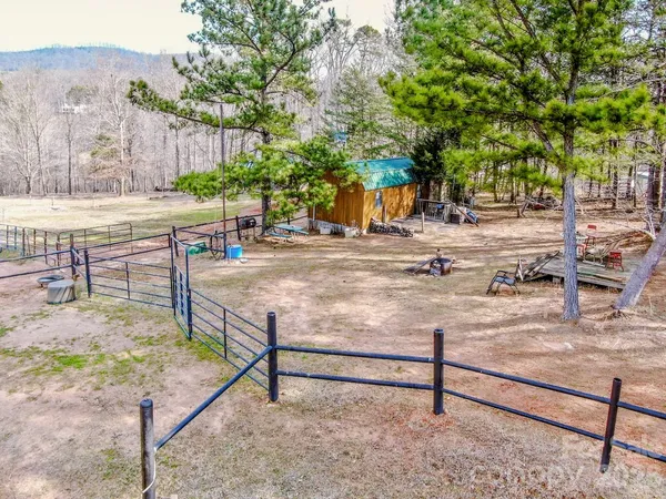 a view of dirt yard with large trees