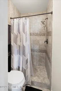 a bathroom with a shower curtain and a toilet