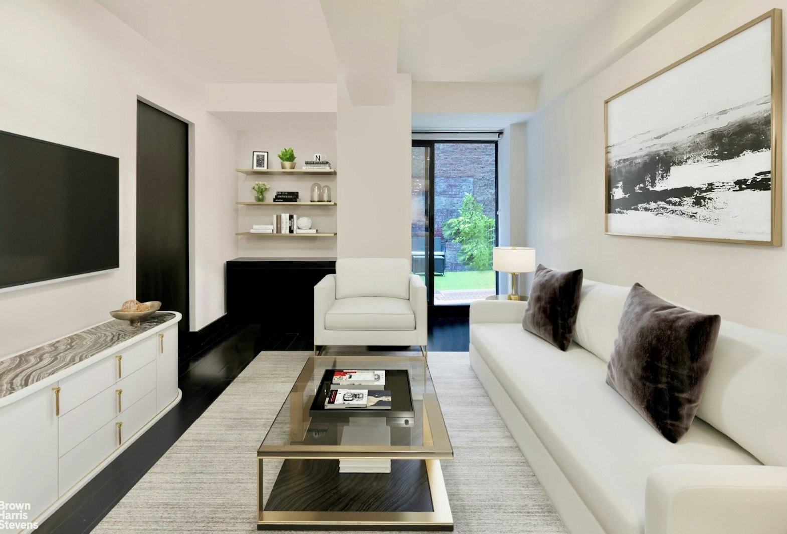 254 Park Avenue South, Unit GARDEN Manhattan, NY 10010 - Photo 13 of 18 a living room with furniture a flat screen tv and a table