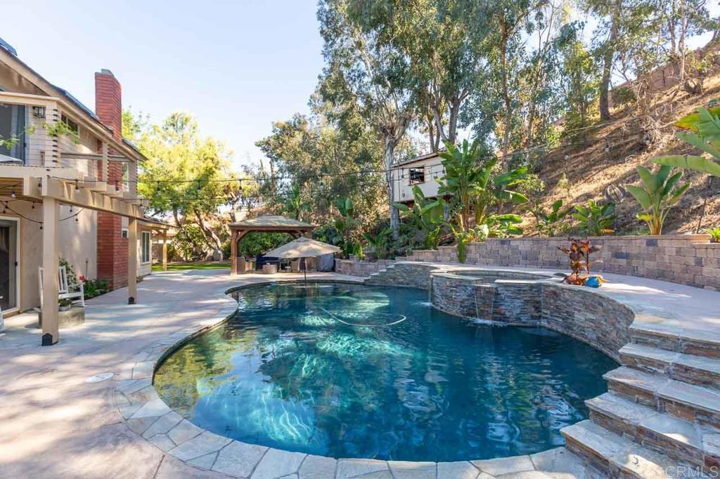 a view of a backyard with sitting area