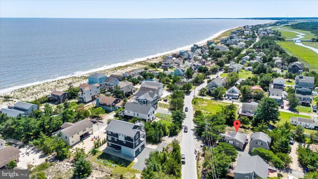 an aerial view of a house with a yard and large trees