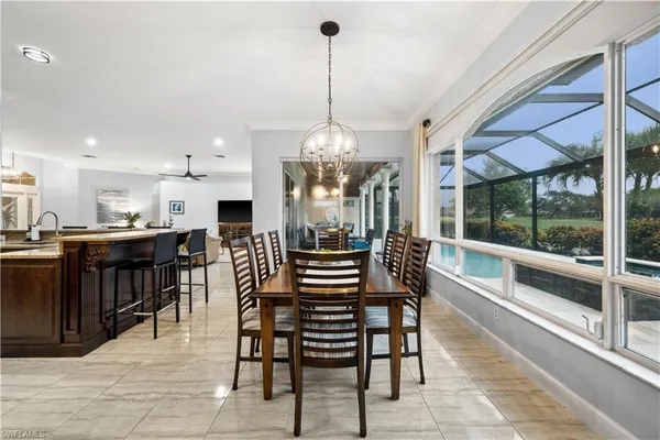 a view of a dining room with furniture window and outside view