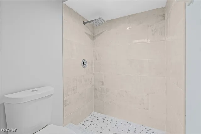 a bathroom with a shower and a toilet