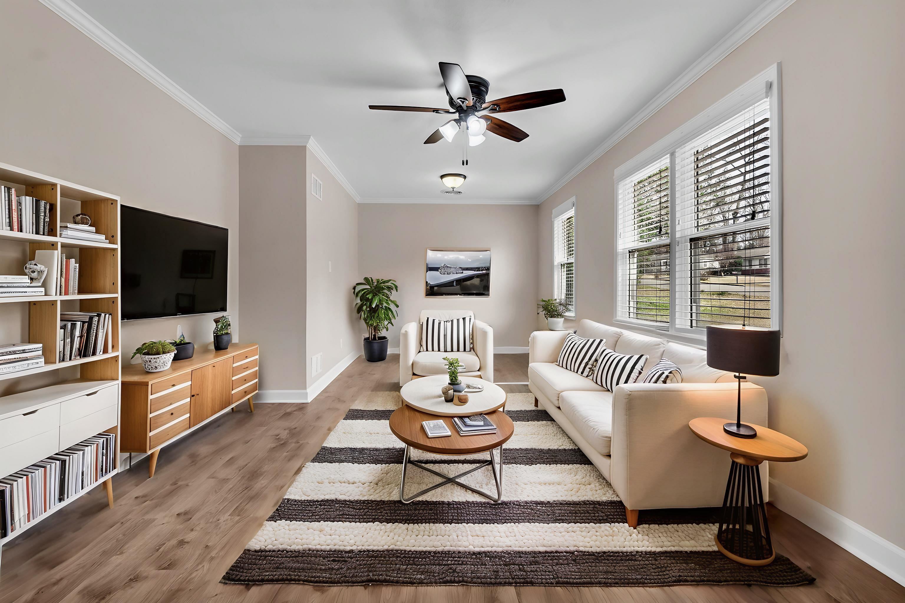 1371 Phillips Road Memphis, TN 38134 - Photo 9 of 35 Living area with crown molding, a ceiling fan, and light wood-type flooring