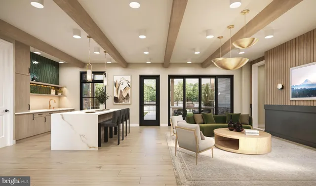 a dining hall with stainless steel appliances kitchen island granite countertop a table chairs and a view of living room