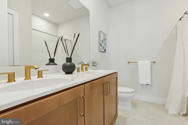 a bathroom with a double vanity sink toilet and a tub