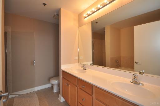 1305 South Michigan Avenue, Unit 1702 Chicago, IL 60605 - Photo 8 of 13 a bathroom with a double vanity sink toilet and mirror