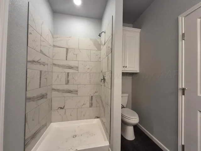 a bathroom with a shower and a toilet